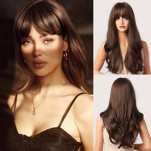 Marron Foncé Brunette Perruque Brune Avec Frange - Perruques Longues Ondulées Brunes Pour Femmes, Cheveux Synthétiques Résistants À La Chaleur Marron Chocolat, Perruques Au Look Naturel Pour