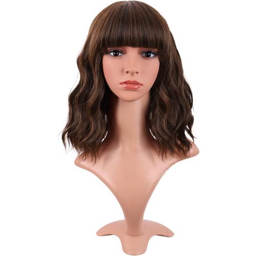 Brun 14 Pouces/35 Cm Court Wavy Avec Frange Shoulder Longueur Bouclé Flat Bang Cheveux Synthétique Bob Perruque (Brun)