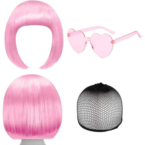 Pink Perruque Bob Rose Pêche Et Ensemble De Lunettes De Soleil, Perruque Partyrama, Perruque Coupe Au Carré Classique, Neon Short Bob Perruque Lunettes De Soleil Costume, Frange Unique (Pink)