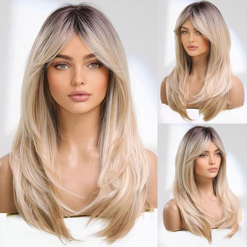 Blond Perruque Synthétique De Cheveux Naturels Blonds Féminins À La Mode, Perruque De Frange D'or Clair De Longueur Moyenne, Fibre Résistante À La Chaleur, Perruques Pour Les Femmes Blanches