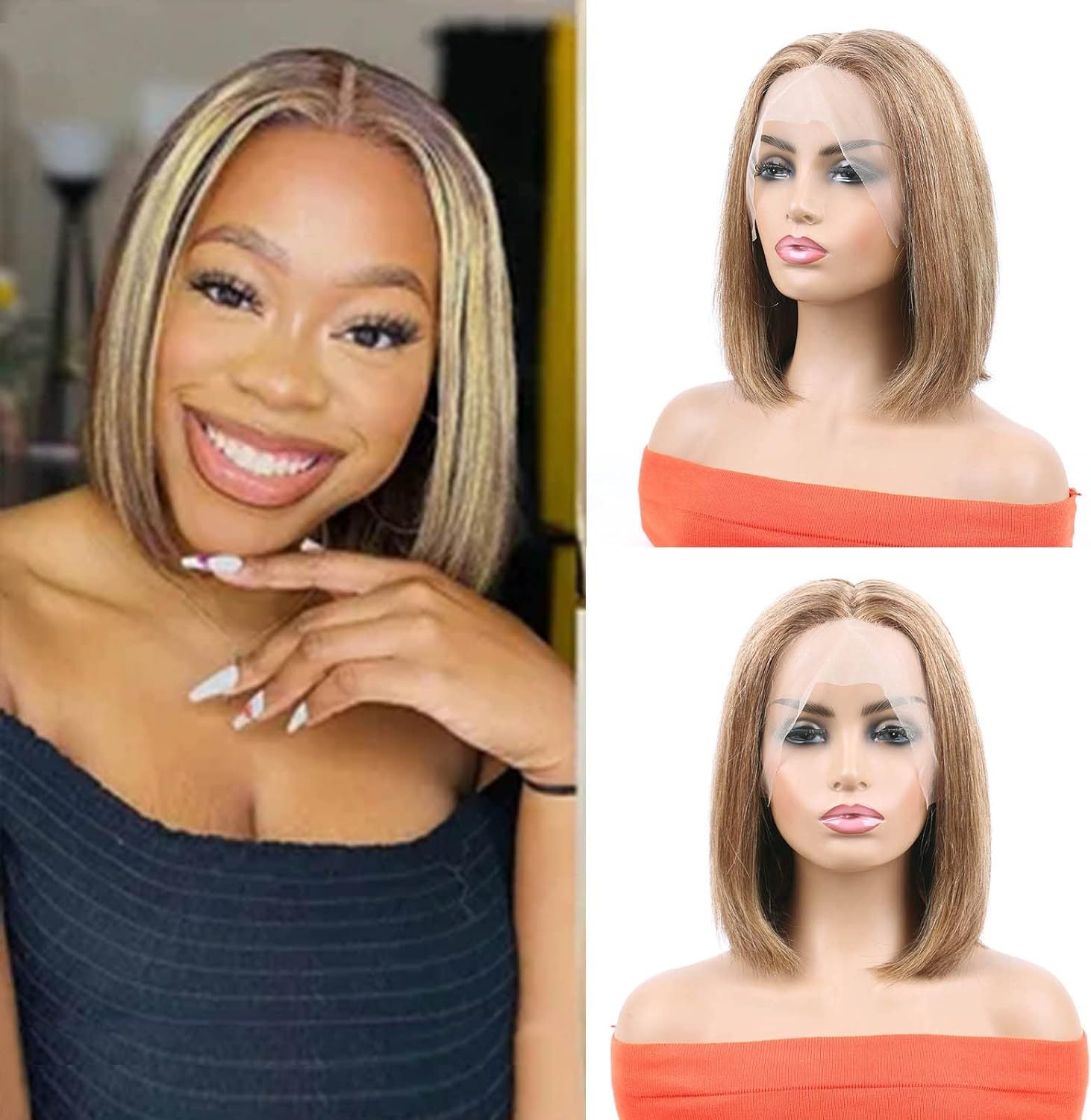 #4/27 T Part Bob Wigs 10 Inch 4/27 Highlight Short Bob Lace Front Wigs T Part Wigs Straight Human Hair Bob Wigs Pre Plucked 13x4x1 Glueless Remy Brazilian Wig For Women Blunt Cut 150 Density