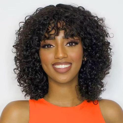 Perruque Bob Curly Avec Frange Perruque Cheveux Humain Avec Frange Bob 14pouces Perruque Human-Hair Bangs Wig 150% Densité Natural Black Water Curly Wig For Women