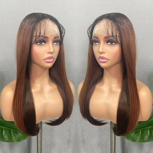 Brun Ombré-24 Inch/60 Cm Long Straight Lace Front Wigs With Baby Hair Synthétique 24 Pouces Ombre Brown Middle Part Lace Wigs Pre Cueillis Résistant À La Chaleur Doux Cheveux Pour Femmes Filles