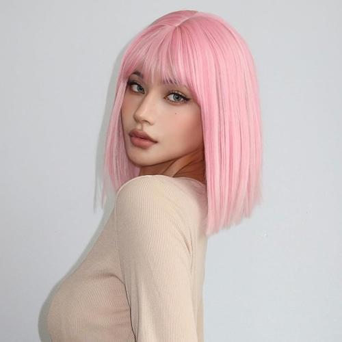 Rose Perruque Rose Avec Frange Courte Rose Bob Perruques Pour Femmes Longues Rose Cheveux Perruque Droite Bob Perruques Synthétique Usage Quotidien Cosplay Perruque Pour Les Filles