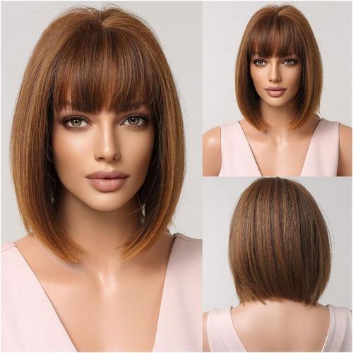 Perruque Femme Perruques Synthétiques Droites Courtes Avec Frange Brun Clair Doré Bob Perruque De Cheveux For Les Femmes Cosplay Quotidien Résistant À La Chaleur Naturelle Perruque Naturelle