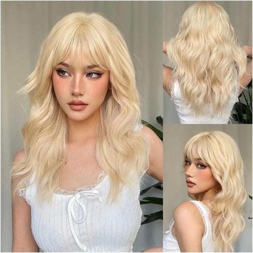 Perruque Perruques Synthétiques Blondes Longues Ondulées For Femmes Perruques De Cheveux Naturels Quotidiens Platine Avec Frange Perruques Cosplay Résistantes À La Chaleur Perruque Femme