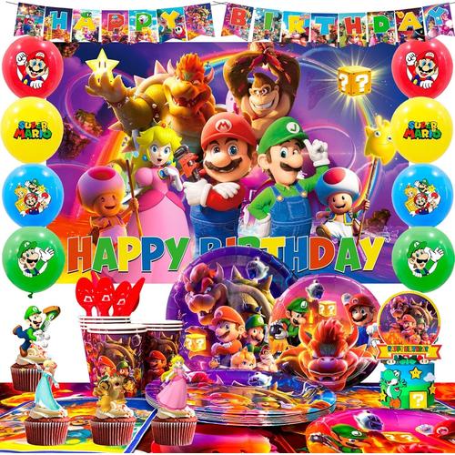 Couleur Decoration Anniversaire Mario, 112pcs Ensemble Fête Anniversaire Mario Inclure Assiettes Fête Anniversaire Mario Nappe & Ballon Mario & Bannières de Fêtes Thème Mario etc Fournitures de Fête