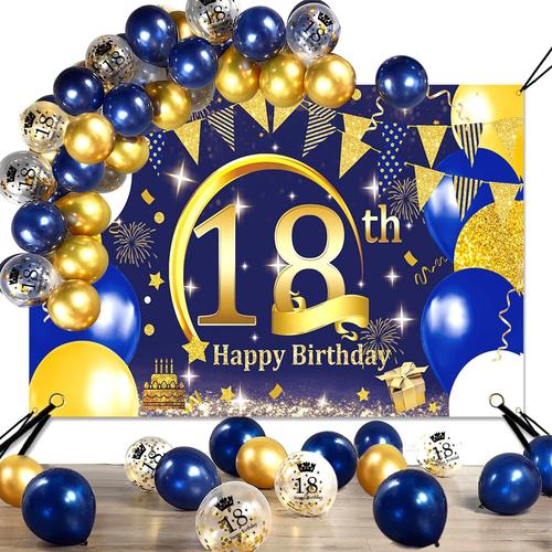 Multicolores Deco Anniversaire 18 Ans Bleu Or Extra Longue Banderole Joyeux Anniversaire Bleu Or Ballons, Decoration Anniversaire 18 Ans Toile Affiche Fond Photo Booth Toile Pour Garcon Fille