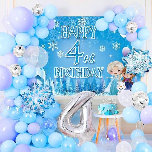 4th 4 Ans Frozen Déco Anniversaire Filles, Kit Arche De Guirlande De Ballon Congelé Avec Affiche De Fond, Gateau, Ballons De Flocon De Neige En Feuille De Confettis Violet Blanc Bleu