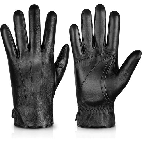 Noir Noir Noir Gants D'hiver En Peau De Mouton Véritable Pour Homme, Gants D'hiver Pour Homme Pour Écran Tactile, Gants En Cuir Doublé Cachemire Pour Conduite En Plein Air