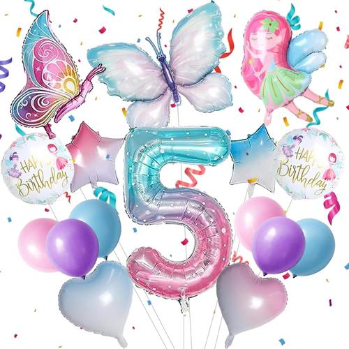 5sui Ballon Papillon 5 Ans, 16pcs Ballon Anniversaire 5 Ans, Decoration Anniversaire Papillon, avec Petites Pailles et Petits Rubans, Convient pour l'Anniversaire d'Une Fille de 5 Ans