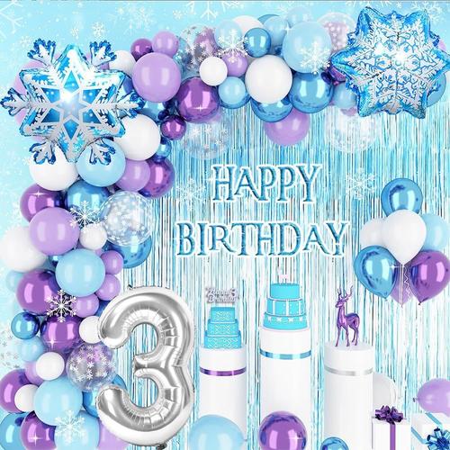 Frozen 3 Ans 3 Ans Décoration Anniversaire Frozen Fille,Reine Des Neiges Anniversaire Avec 3d Snowflake Foil Ballons Rideau Métallique De Frange, Bleu Violet Deco Anniversaire Frozen 3 Ans