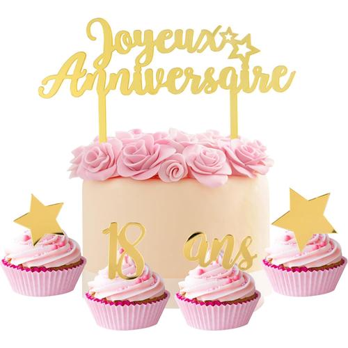 Or-18ans avec Étoile 5pcs Lettres Joyeux Anniversaire Décoration Gateau Topper 18 ans Cake Cupcake Topper étoile Happy Birthday Or en Miroir Acrylique Gateau Topper pour Anniversaire Fête