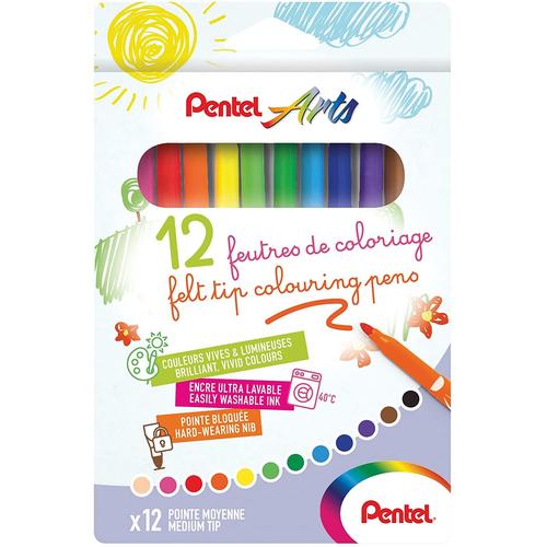 12 Feutres De Coloriage - Pour Enfant - Pointe Moyenne - Lavable - Pentel Arts