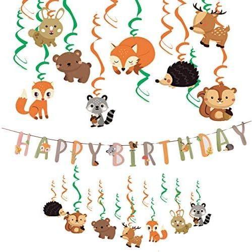 Style 2 Decoration Anniversaire Animaux Foret Tourbillon Suspendu Deco Kit Fourniture de fête Thème Woodland Bannière Happy Birthday Renard Herisson pour Enfant Bébé Garcon Fille