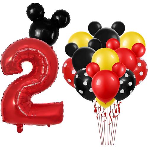 Noir Rouge Jaune Mickey Mouse Decoration Anniversaire 2 Ans Garçon Fille, Ballon Chiffre Anniversaire 2 Rouge 32 Pouces, Ballon Mickey Noir 18 Pouces Et Ballon Latex En Noir Rouge Jaune De Fête