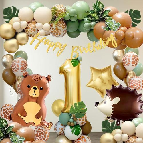 Vert Marron Decoration Anniversaire 1 An Garcon, Jungle Decoration Anniversaire Fête Garcon 1 An, Ours Marron Vert Ballon Anniversaire 1 An Pour Bebe Fille Garcon Wild One Safari Animaux Ballons