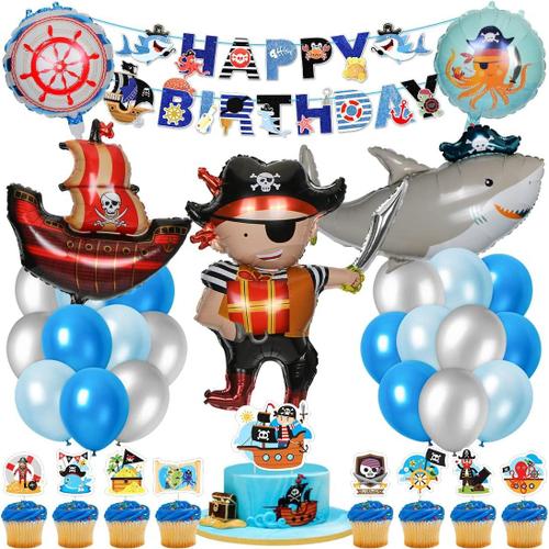 Bleu Pirate Requin Décoration Anniversaire, Décorations De Navire Pirate, Bannière Joyeux Anniversaire, Ballon Animal Rond, Ballon Bleu Argent, Thème Pirate Pour Enfants Fête Déco