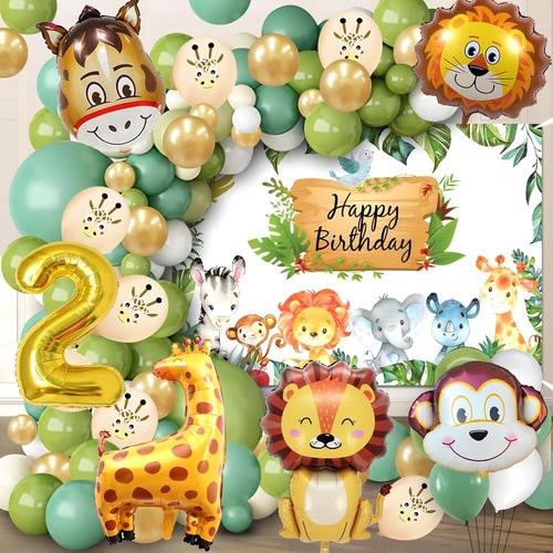 2 Ans Decoration Anniversaire Ballons Jungle 80 Pcs,Deco Anniversaire 2 Ans Garcon Fille,Jungle Animaux Arche Ballon Anniversaire Kit,Deco Fête Foret Vert Ballon Helium