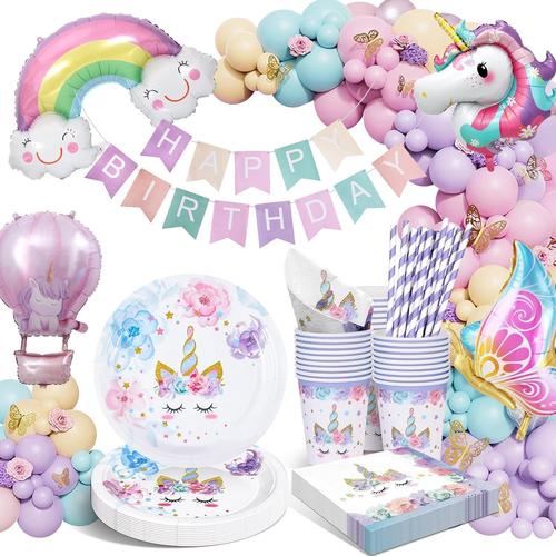 Assiettes Anniversaire Rose Licorne, Kit Deco Anniversaire Fille, Licorne Decoration Anniversaire Avec Ballon Licorne Pour Fille Enfants Decoration Anniversaire Baby Shower 16 Invités