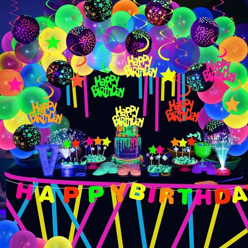 97pcs Décoration de Fête Néon Ballon Fluorescent Lumineux avec Banderole Guirlande Anniversaire Topper Gateau Ruban Adhésif Deco Fluo pour Décoration Anniversaire