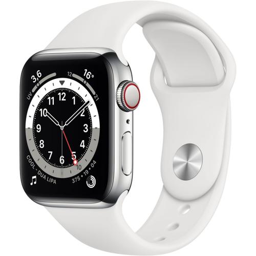 Apple Watch Series 6 (Gps + Cellular) - Boitier 40 Mm Acier Inoxydable Argent Avec Bracelet Sport Blanc
