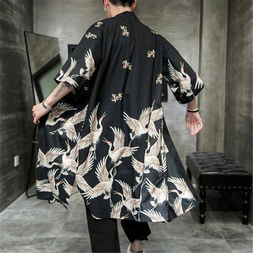 Envoie De France Grue Oiseau Kimono Long Homme Garçon Noir Ado Adulte Japonais Traditionnel Pyjama Manteau Tunique