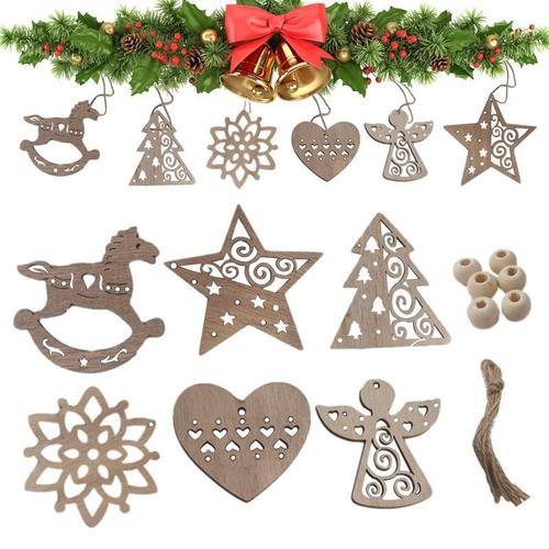 Mini ornements en bois inachevé, 6 pièces, artisanat de noël, décor en bois, flocon de neige cheval pentagramme ange