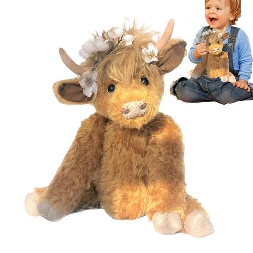 Peluche De Vache Highland De 9.8 Pouces, Poupée De Bétail Avec Couvre-Chef, Jouet De Ferme Doux Et Réaliste, Peluche Écologique Pour Enfants