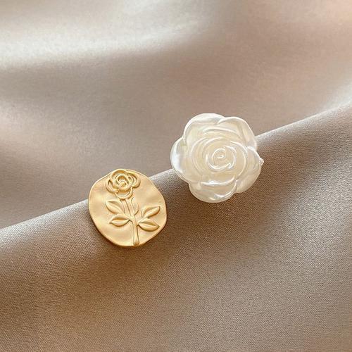 Boucles D'oreilles À Tige Fleur Asymétrique Pour Femme, Boucle D'oreille Perle Rose, Bijoux De Fête Élégants, Cadeau De Noël, 216.239.