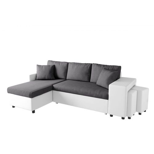 Canapé D'angle Oslo Convertible Avec Coffre Et Poufs En Microfibre Et Simili - Blanc / Gris, Position Du Rangement Poufs - Droit