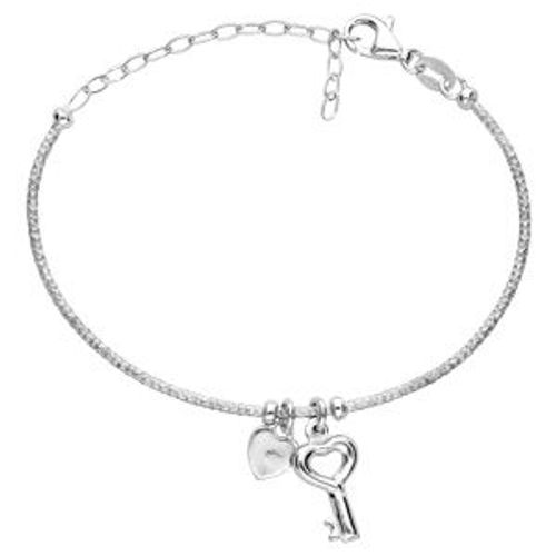 Bracelet Argent Rhodié Semi Rigide Pampilles Coeur Et Clef Réglable