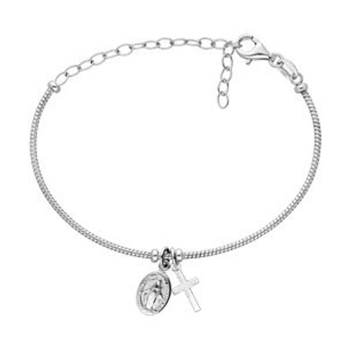 Bracelet Argent Rhodié Semi Rigide Pampilles Croix Et Miraculeuse Réglable