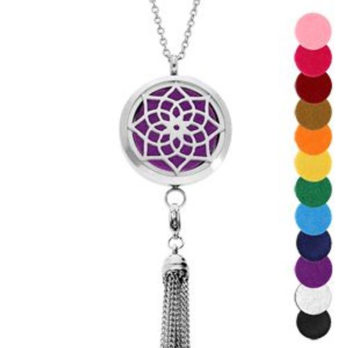Collier Senteur Acier Pendentif Et Pompon Amovible Avec 12 Mousses Interchangeables Couleurs Assorties Réglable 45 A 65cm