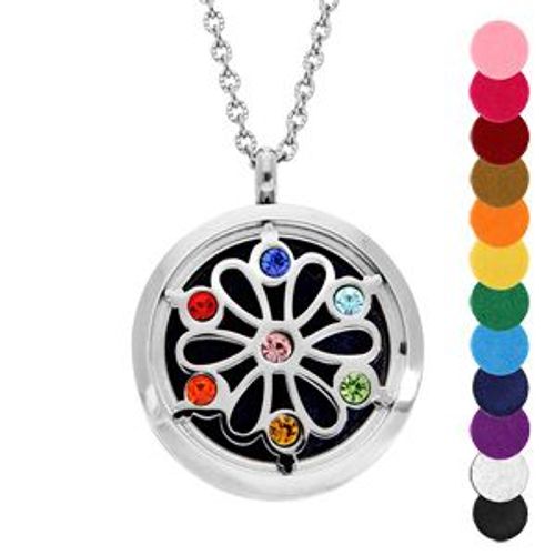 Collier Senteur Acier Fleur De Vie 7 Chakras Avec 12 Mousses Interchangeables Couleurs Assorties Réglable 45 A 65cm