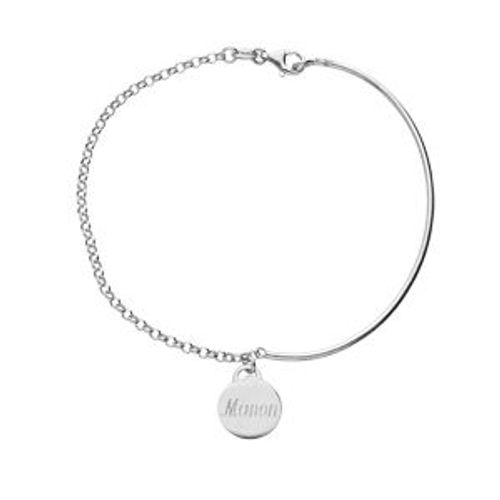 Bracelet Argent Rhodié Semi Rigide Et Chaînette Réglable Avec Médaille À Graver
