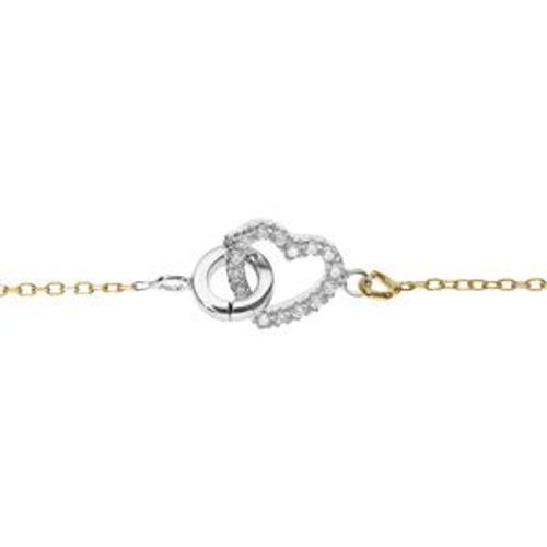 Bracelet Chaîne Doré Jaune Et Coeur Et Cercle Entreelacé Argent Rhodié Avec Oxyde Blanc 16+3cm