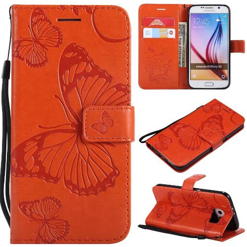 Étui Pour Samsung Galaxy S6 Couverture Magnétique Flip Kickband Couverture Antichoc Avec Support De Fente Pour Carte Cuir Pu - Orange