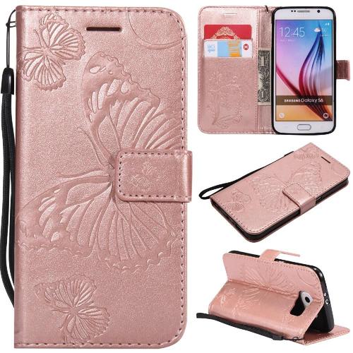 Étui Pour Samsung Galaxy S6 Couverture Magnétique Flip Kickband Couverture Antichoc Avec Support De Fente Pour Carte Cuir Pu - Couleur Rose