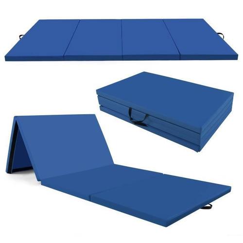 Tapis De Gymnastique Pliable Costway 300 X 117 X 5 Cm-4 Plis-Cuir Pu-Attaches Auto-Agrippantes-Poignées Portable-Yoga,Mma-Bleu