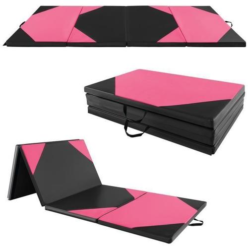 Tapis De Gymnastique Pliable Costway 300 X 117 X 5 Cm-4 Plis-En Mousse,Pu-Poignées De Transport-Attaches Auto-Agrippantes-Rose+Noir