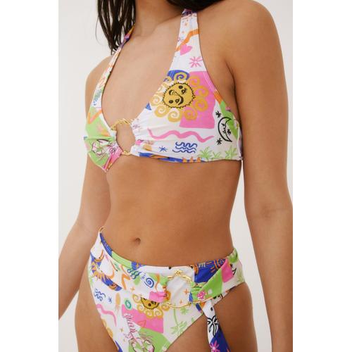 Sun Print High Apex Belted Ring Bikini Set - Blanc - 6