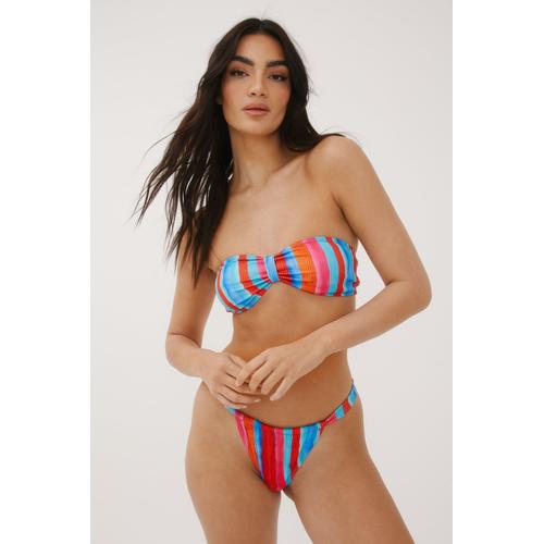 Ribbed Stripe Bandeau Tie Bikini Set - Orange - 40