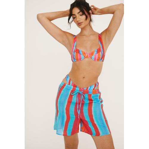 Cotton Gauze Painted Stripe Longline Beach Shorts - Multicolore - L