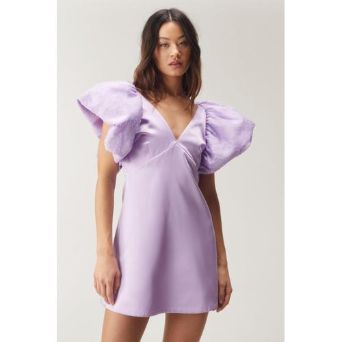 Extreme Puff Sleeve Plunge Mini Dress - Violet - 4