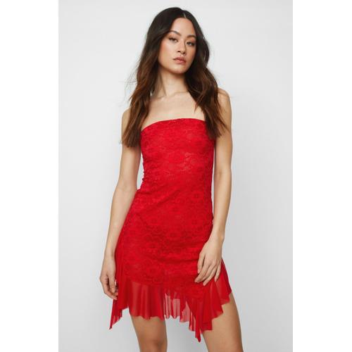 Lace Bandeau Asymmetric Mini Dress - Rouge - M