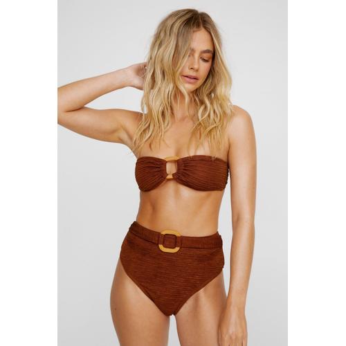 Textured Bandeau Wooden Buckle Belted Bikini Set - Marron - 34