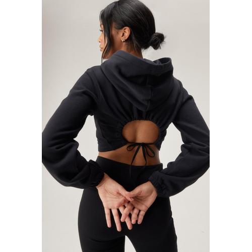 Ruched Open Back Cropped Hoodie - Noir - Xl