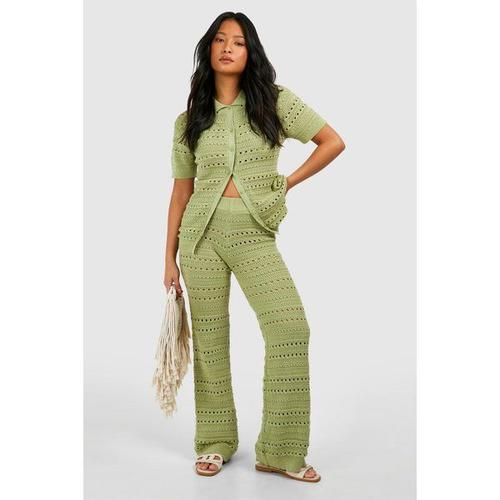 Ensemble En Crochet Avec Chemise Et Pantalon Large - Vert Kaki - 40