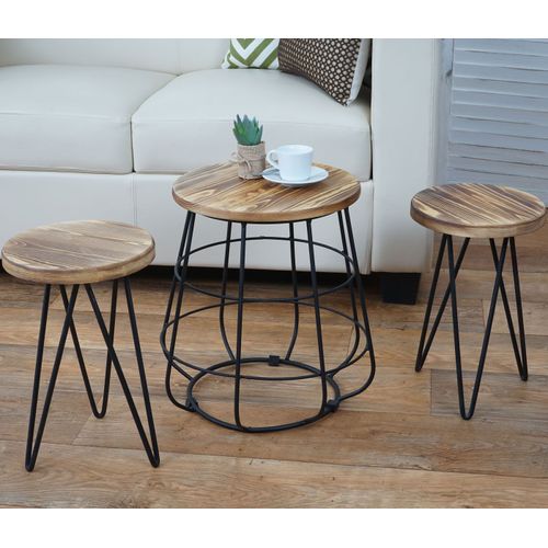 2x Tabouret Avec Table Hwc-A80, Ensemble, Desgin Industriel, Bois Naturel